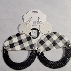 Black Textured, Black/White Buffalo Plaid, White 3-Tier Faux Leather Earrings 4"